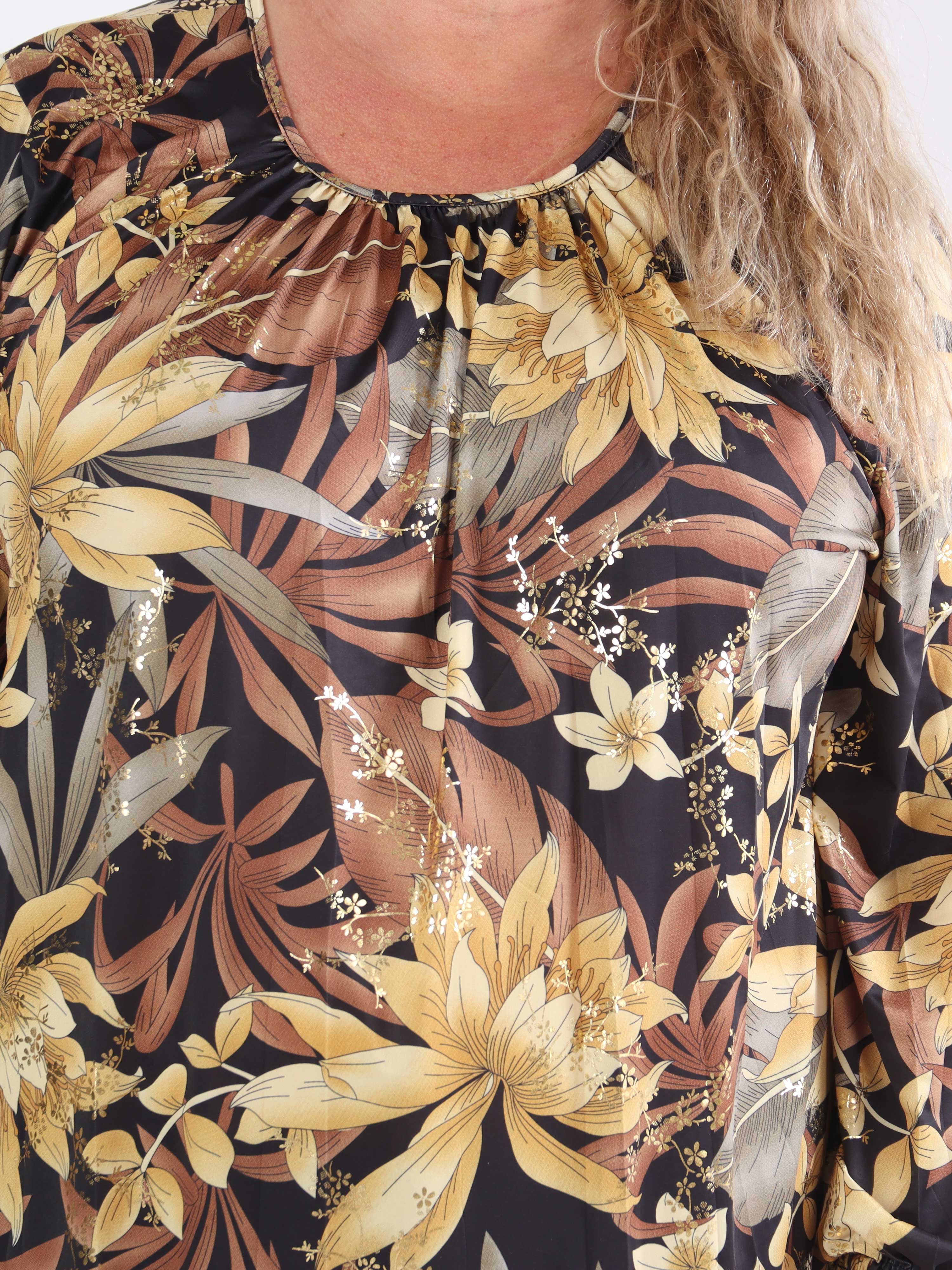 Miracle Gold Flower Dress L/S - Blommig klänning i stor storlek med resår